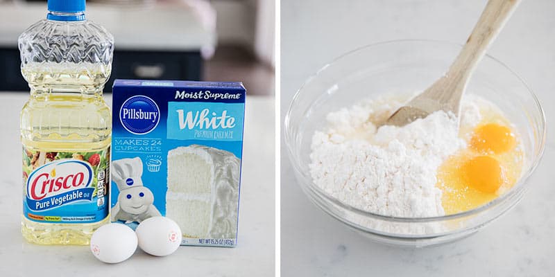 These cake mix cookies are such an easy and delicious recipe to make with only 3 ingredients! Customize this recipe with your favorite flavor and mix-in's. mixing ingredients for cake mix cookies
