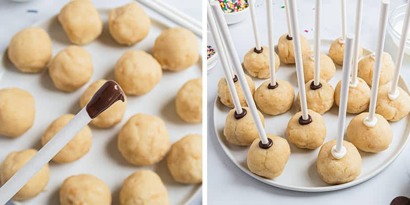 Dipping sticks in chocolate for cake pops.