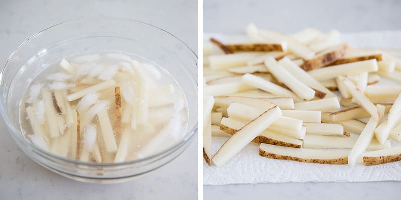 Soaking french fries in glass bowl.