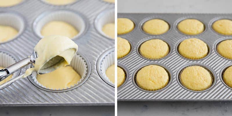 Baking vanilla cupcakes in muffin pan.