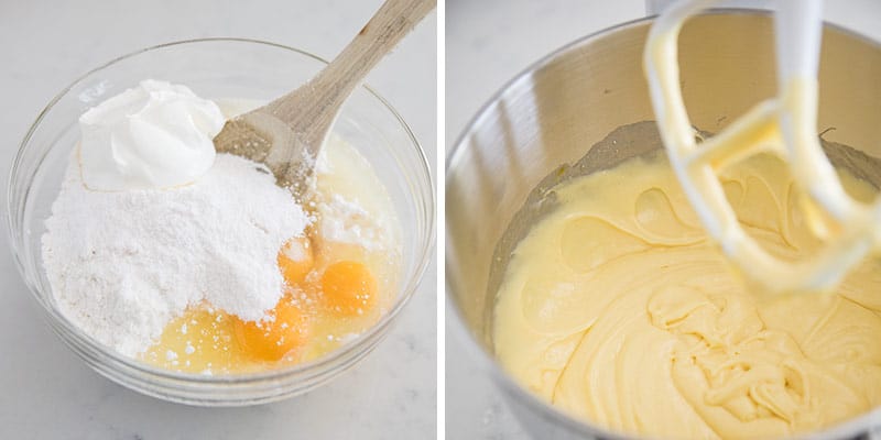 Beating vanilla cupcake batter in bowl.