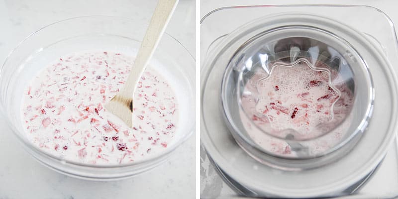 Mixing strawberry ice cream batter.