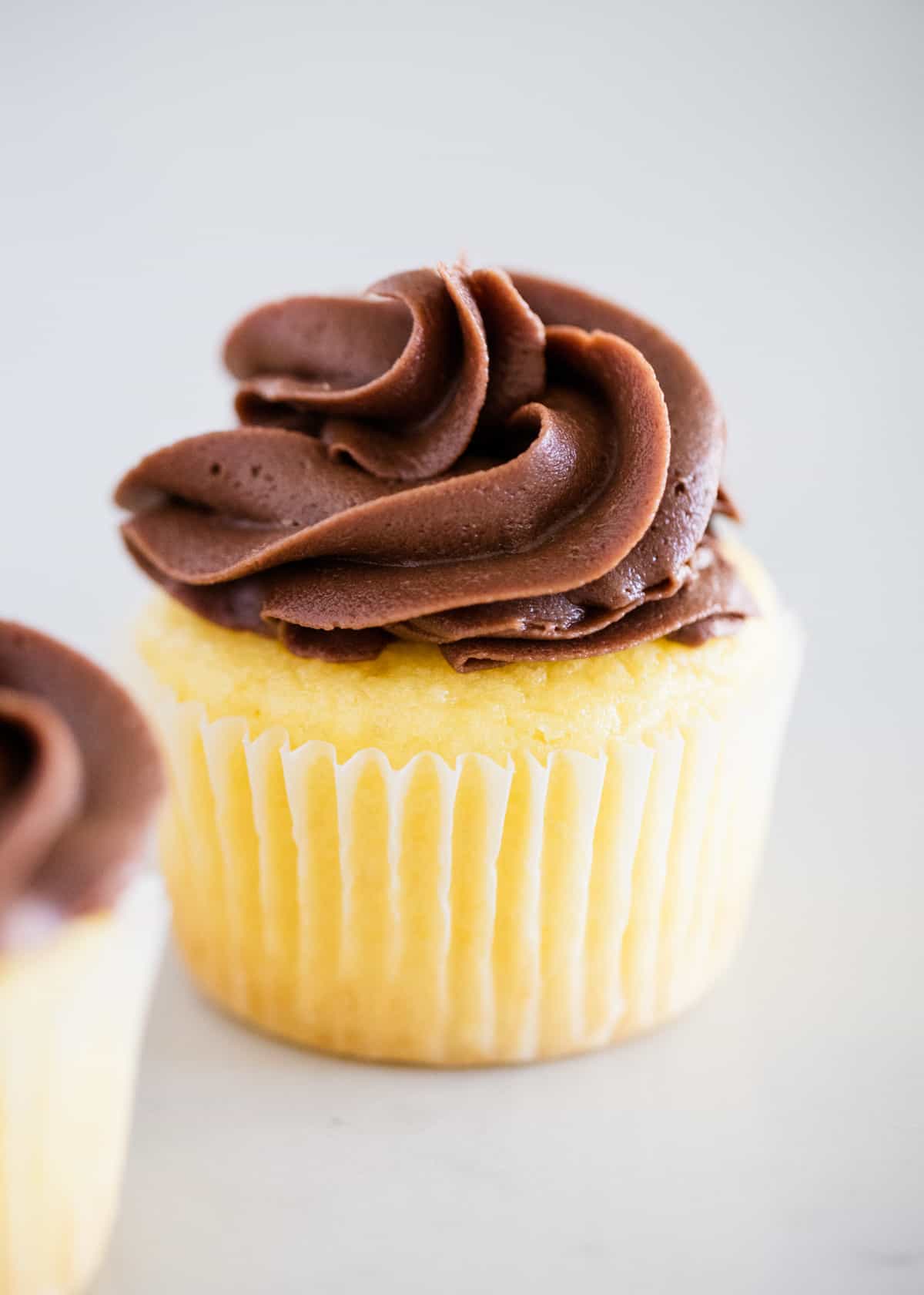 Vanilla cupcake with chocolate frosting.