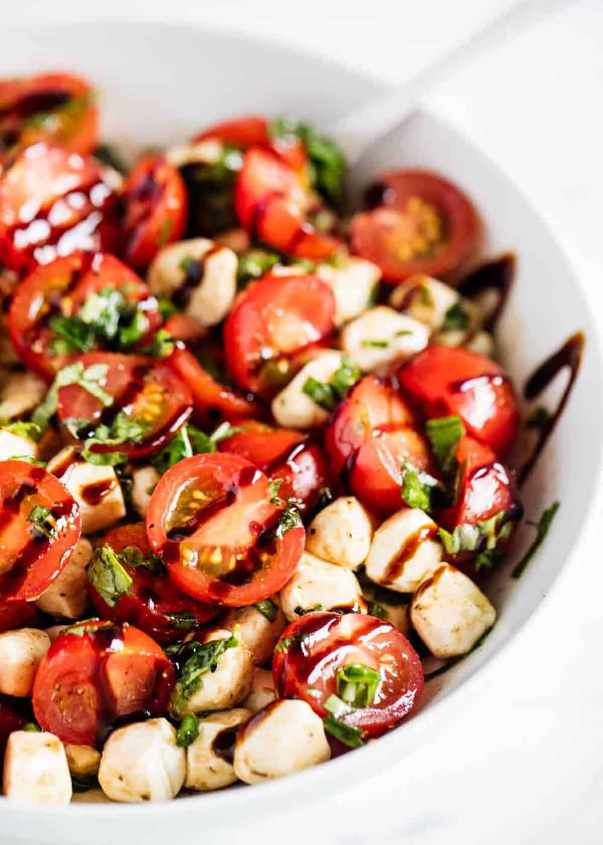 Tomato basil mozzarella salad in white bowl.