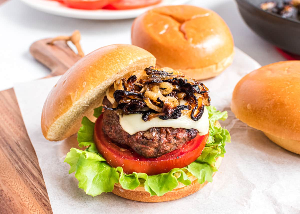 Italian hamburger with caramelized onions.