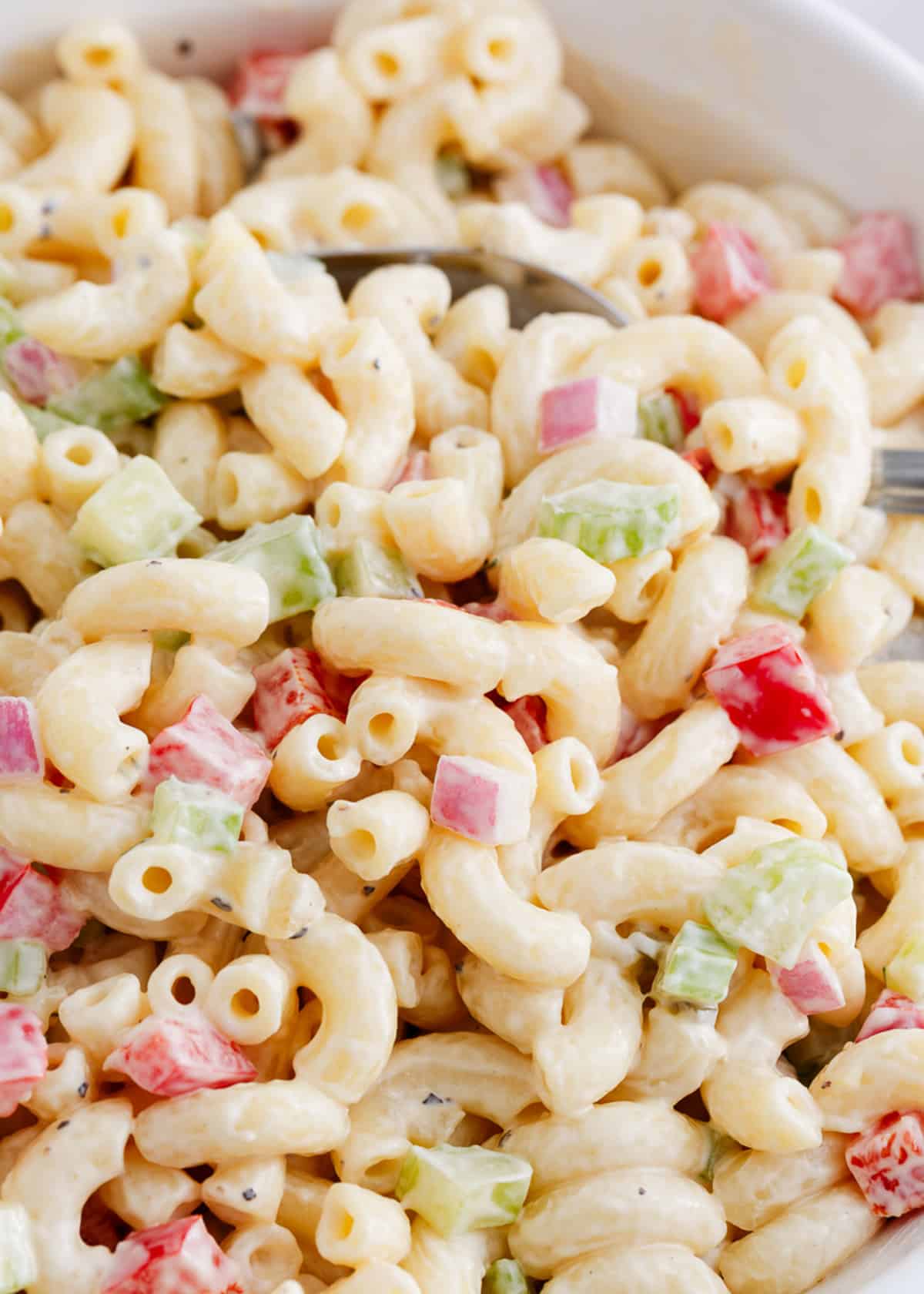 Macaroni salad in a bowl.