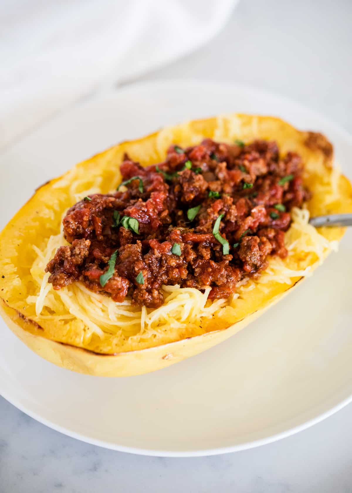Spaghetti squash boat with meat sauce.