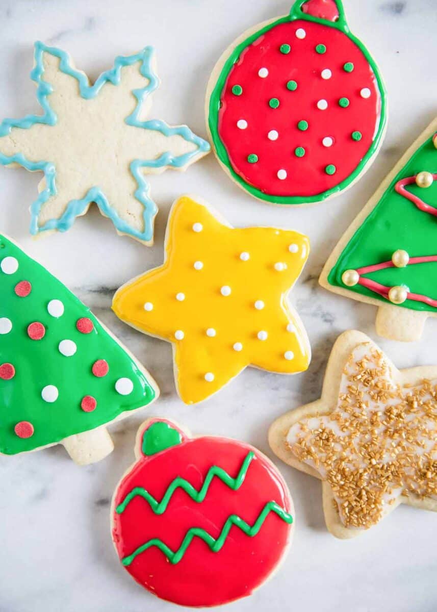decorated Christmas sugar cookies on counter 
