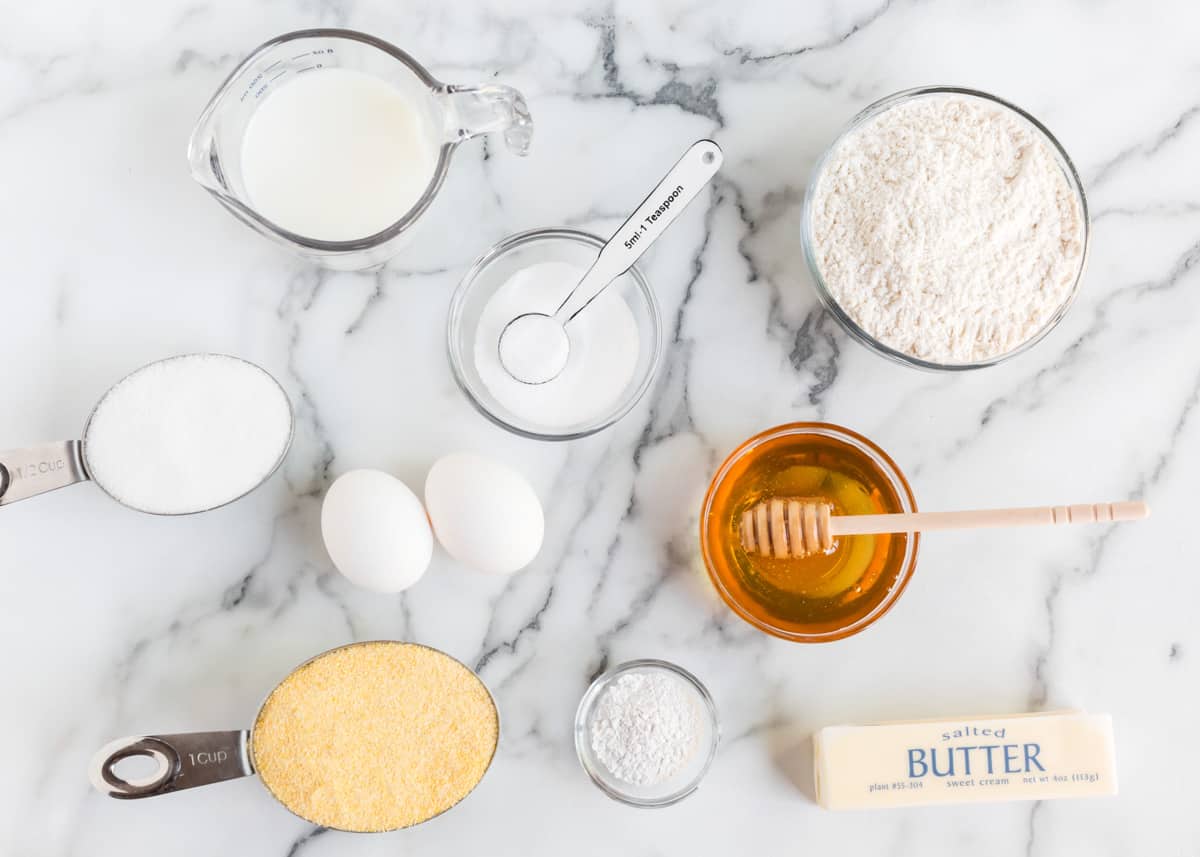 Cornbread muffin ingredients on counter.