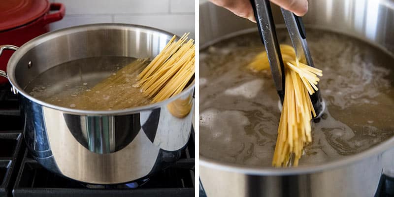 Cooking pasta in a pot of water.