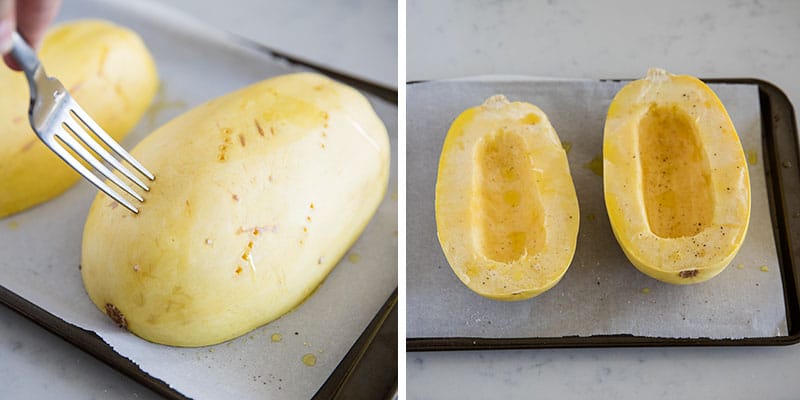 Baking spaghetti squash on pan.