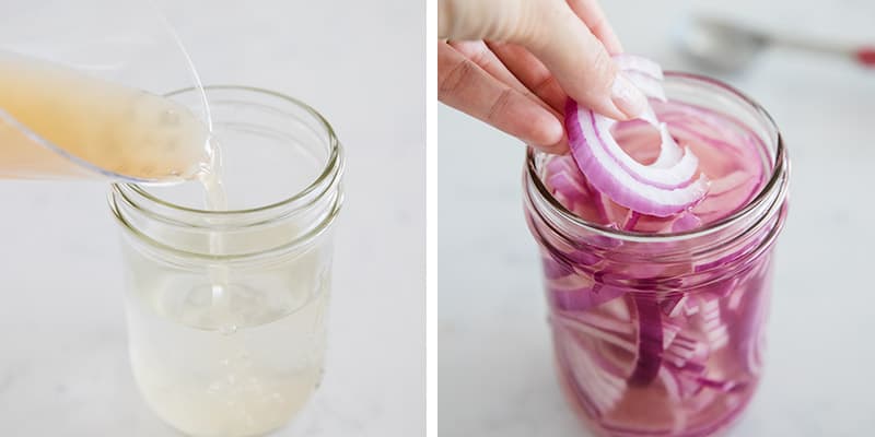 Making pickled onions in jars.