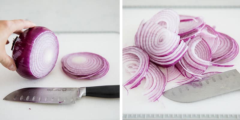 Slicing red onions.