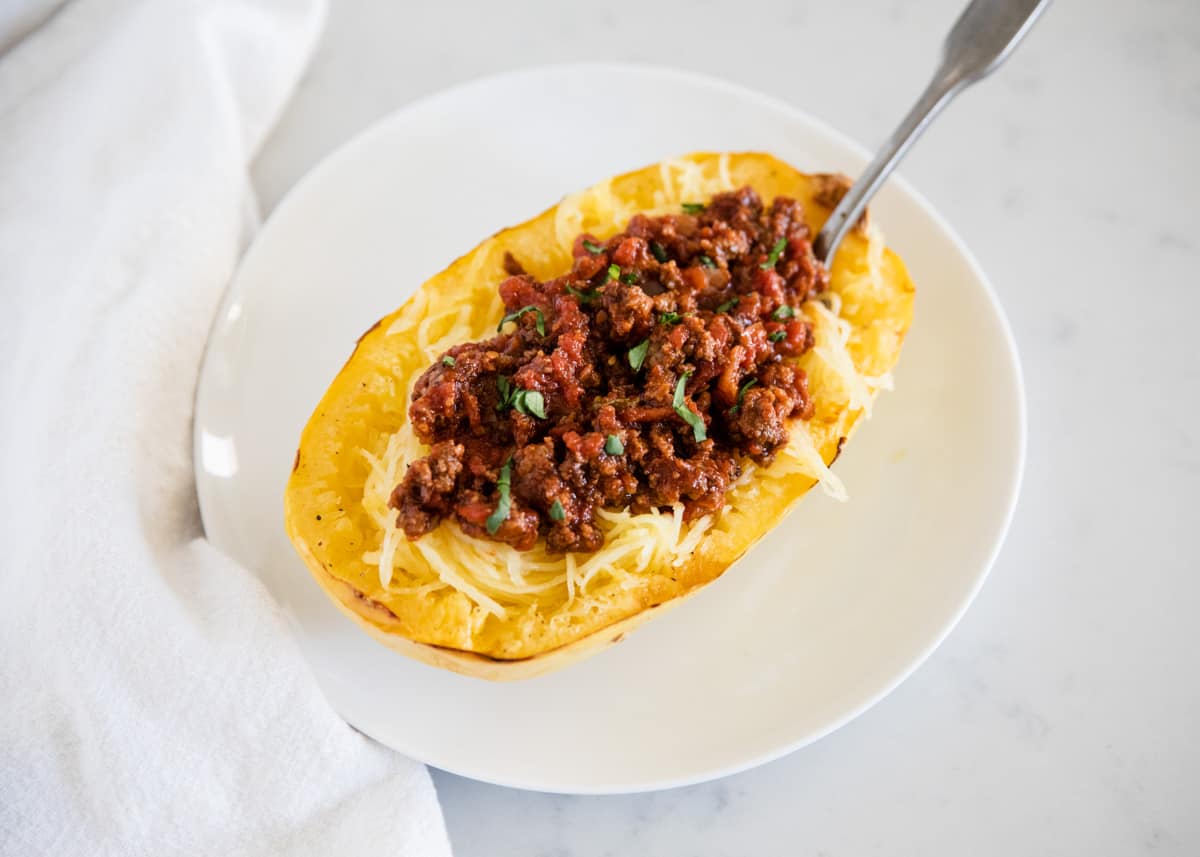 Stuffed spaghetti squash with meat sauce.