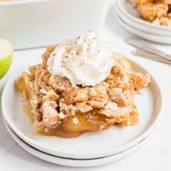 Apple dump cake on a white plate.