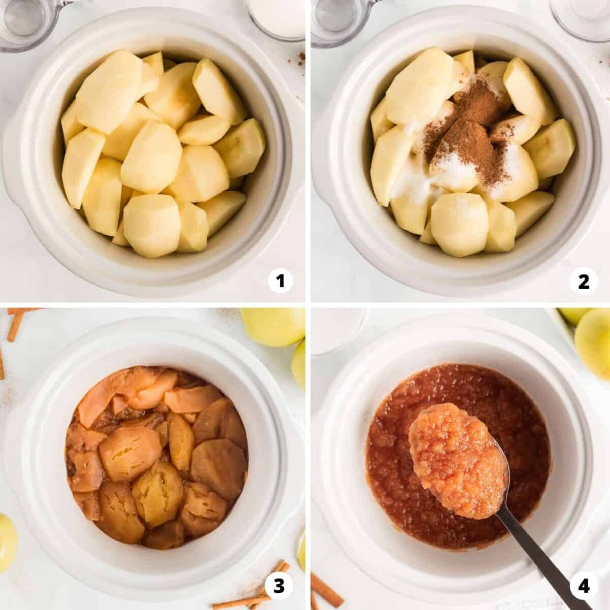 Showing how to make applesauce in a 4 step collage.