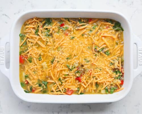 egg mixture in white casserole dish