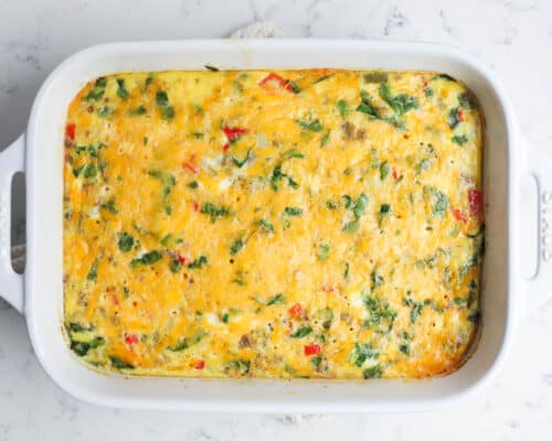 breakfast casserole in white baking dish