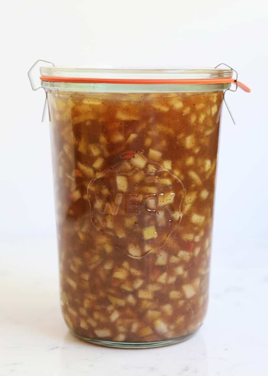 Apple pie filling in a jar.