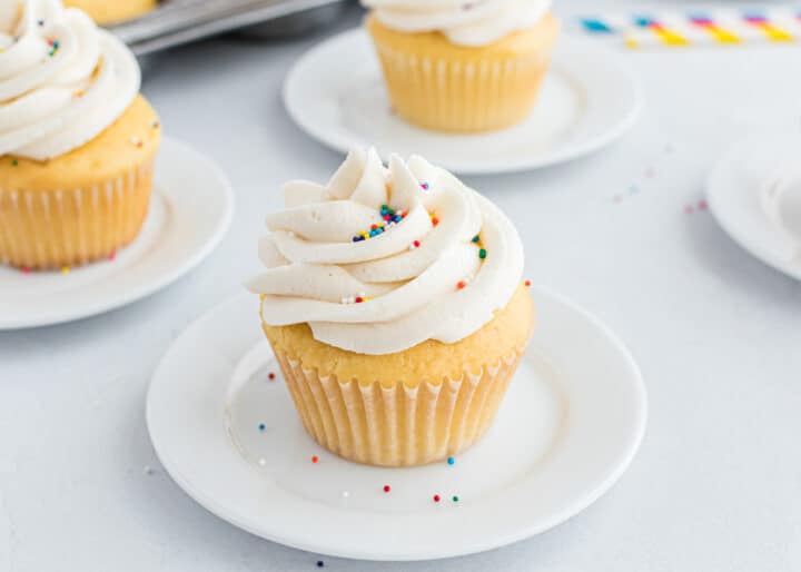 frosted vanilla cupcake on white plate