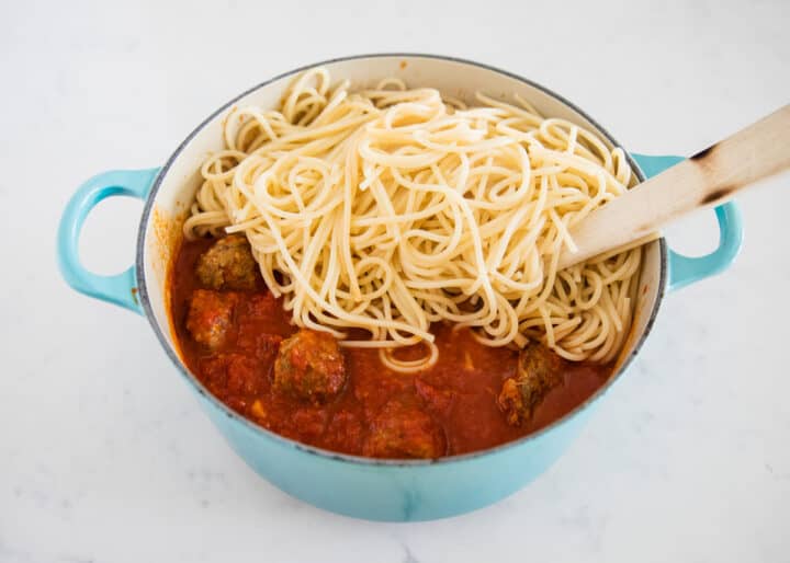 spaghetti and meatballs in pot