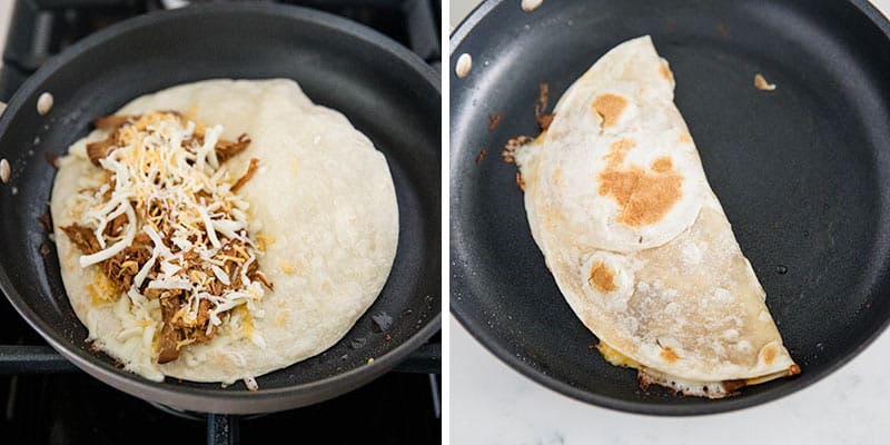 cooking pulled pork quesadilla in skillet 