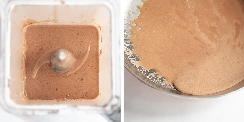 Mixing chocolate crepe batter in blender.