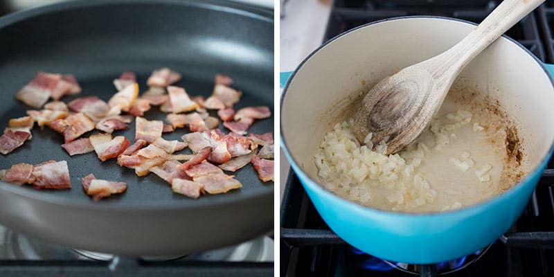 cooking bacon and onions in pan