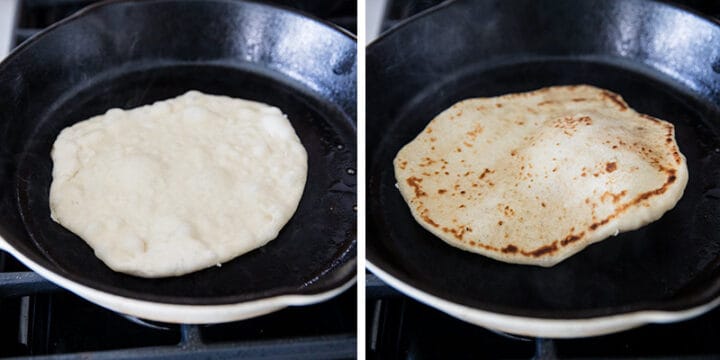 This easy homemade naan bread is super soft, chewy and delicious! You'll never go back to store-bought naan after trying this amazing recipe. cooking naan bread in skillet