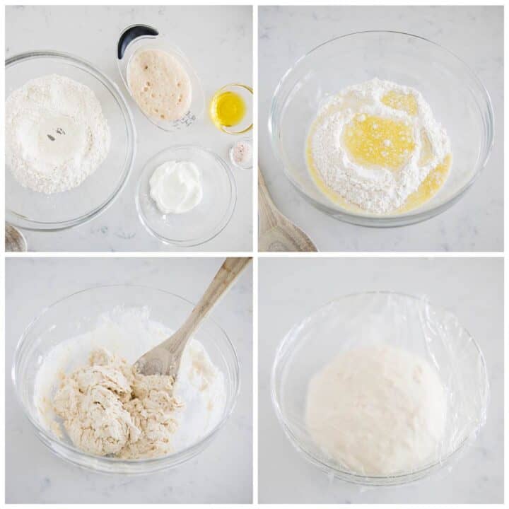 This easy homemade naan bread is super soft, chewy and delicious! You'll never go back to store-bought naan after trying this amazing recipe. mixing naan bread in bowl