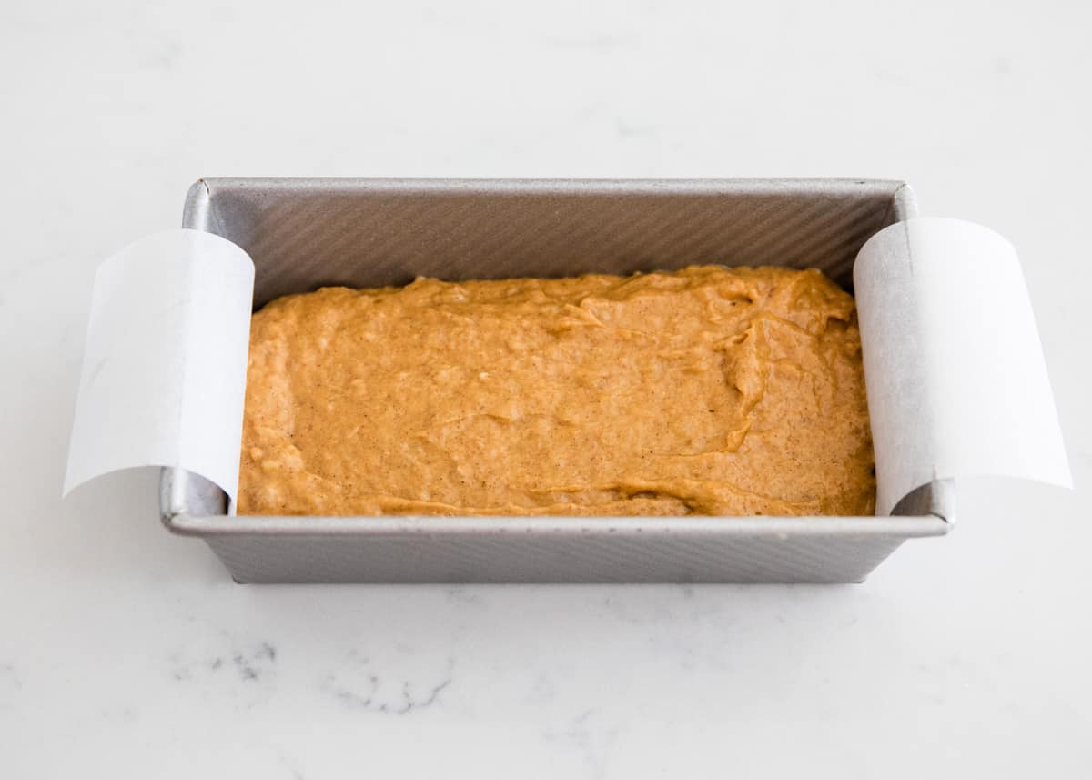 Pumpkin bread batter in pan.