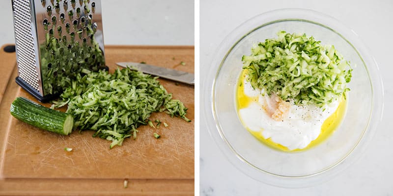 The process of grating cucumber for tzatziki sauce.