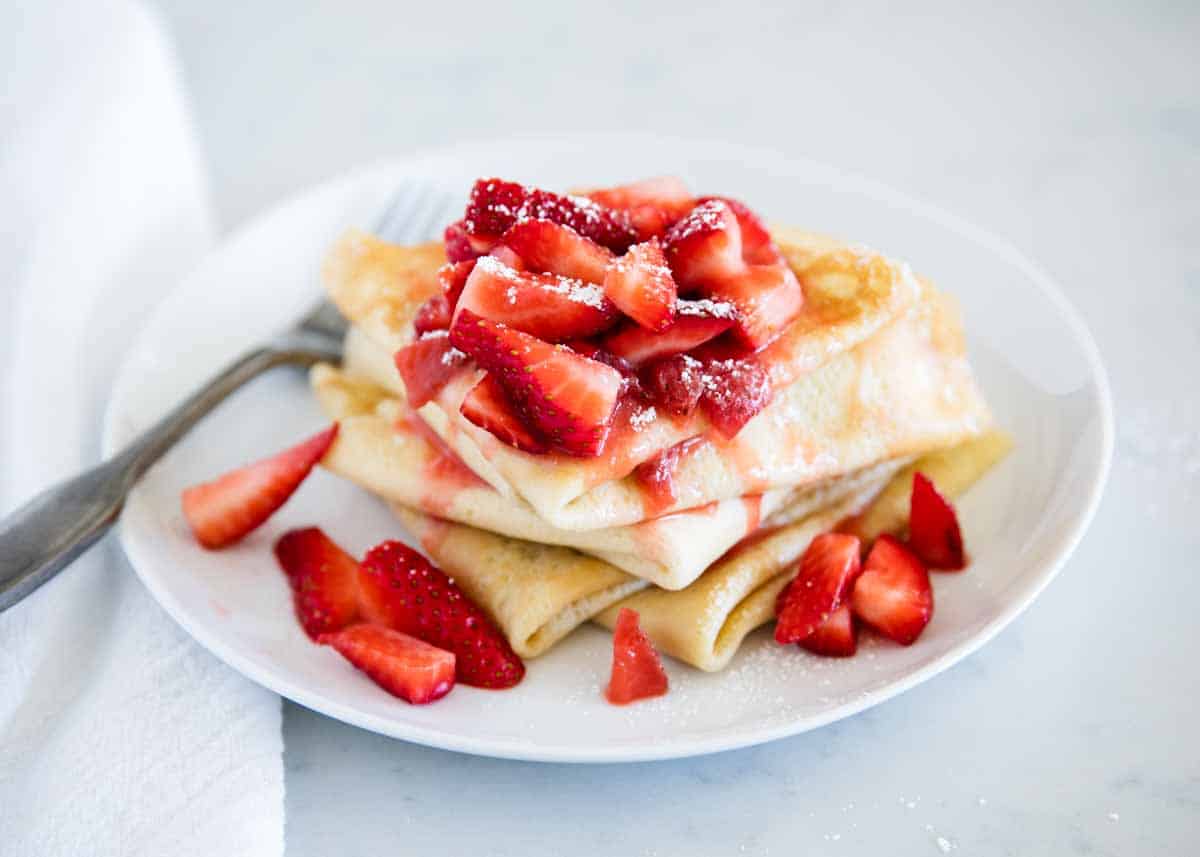 Stack of strawberry crepes. 