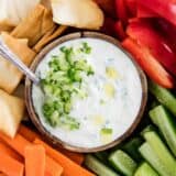 tzatziki sauce in wooden bowl