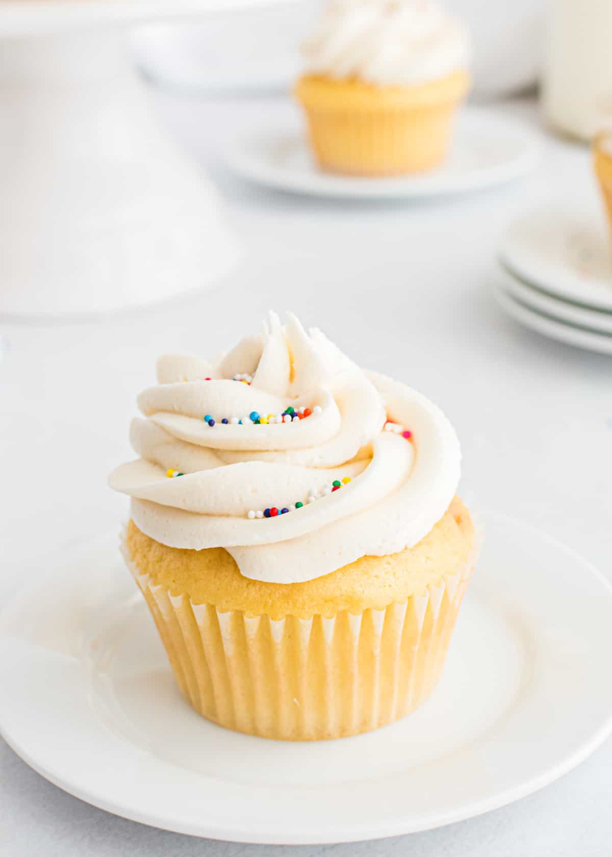 Vanilla frosted cupcake.