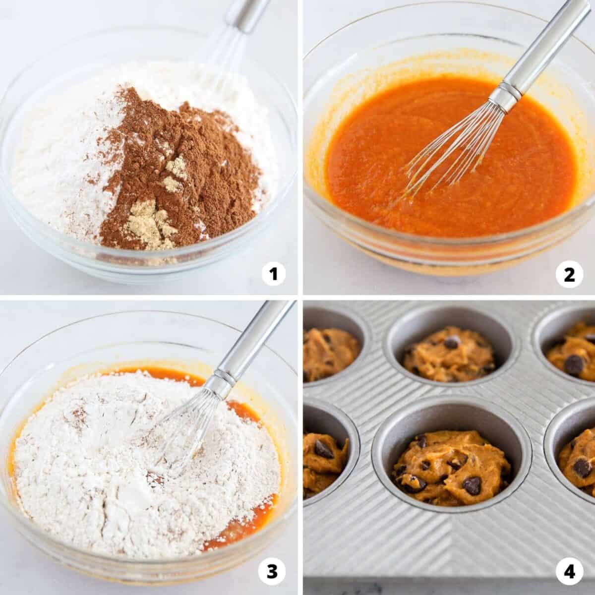 Showing how to make in a chocolate chip pumpkin muffins in a 4 step collage. 