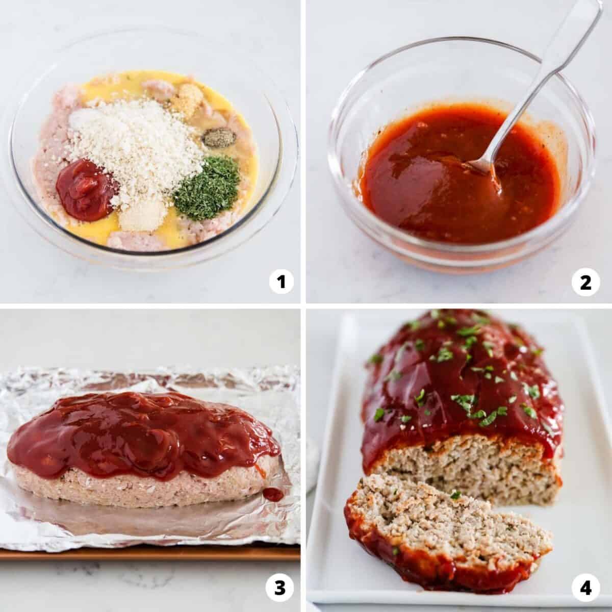 Showing how to make turkey meatloaf in a 4 step collage.