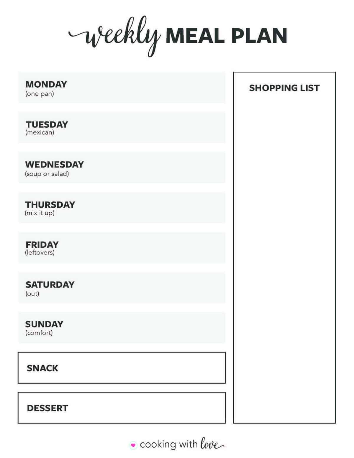 Weekly meal plan ready to be printed. 