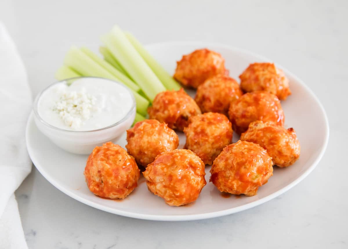 buffalo chicken meatballs on white plate