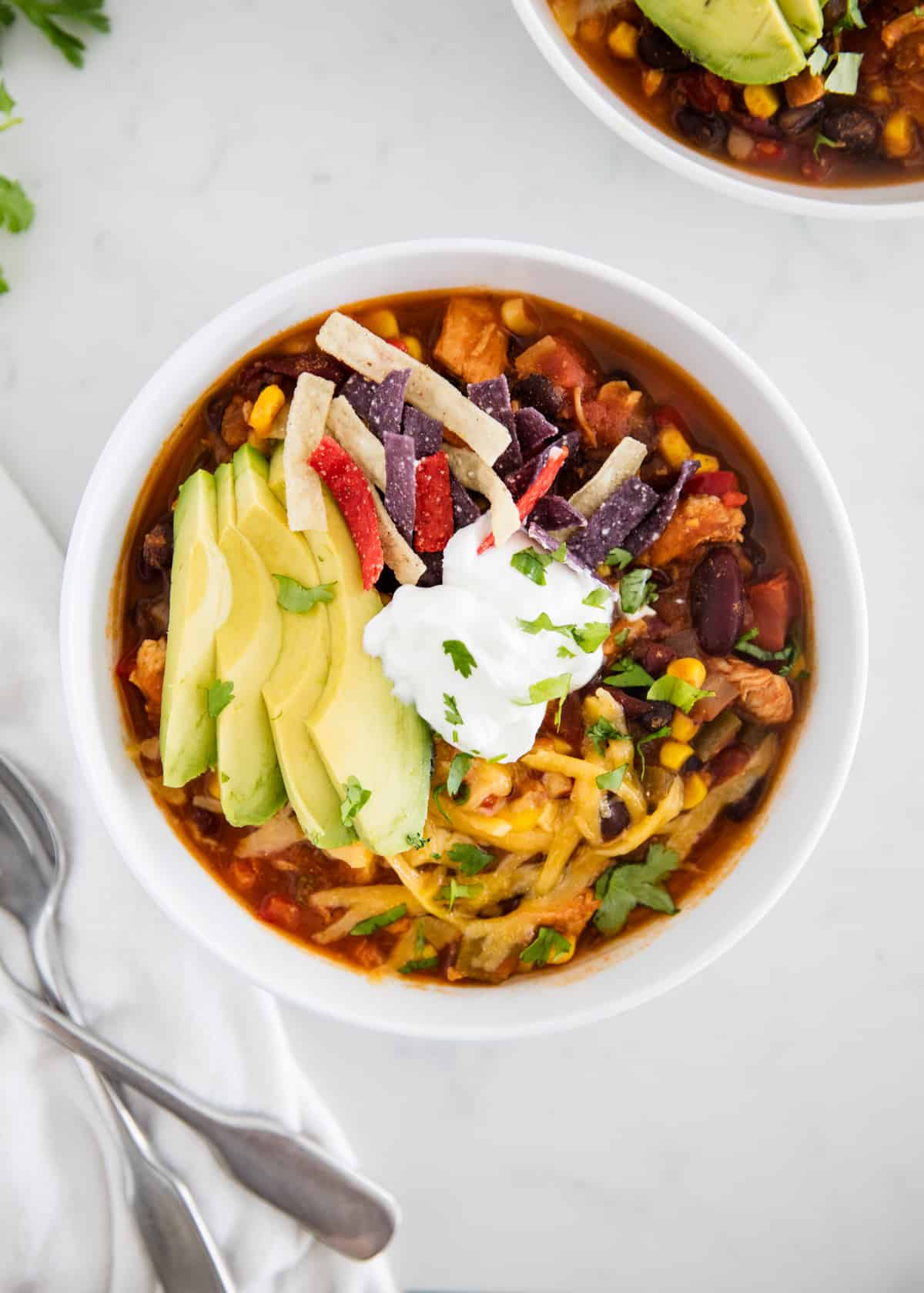 Chicken taco soup in bowl.