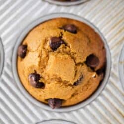 chocolate chip pumpkin muffin in pan