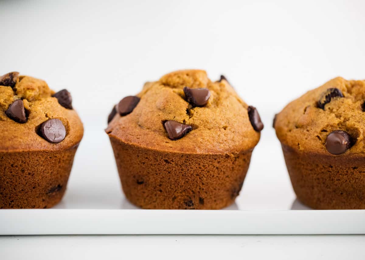 Chocolate chip pumpkin muffins on a white plate.