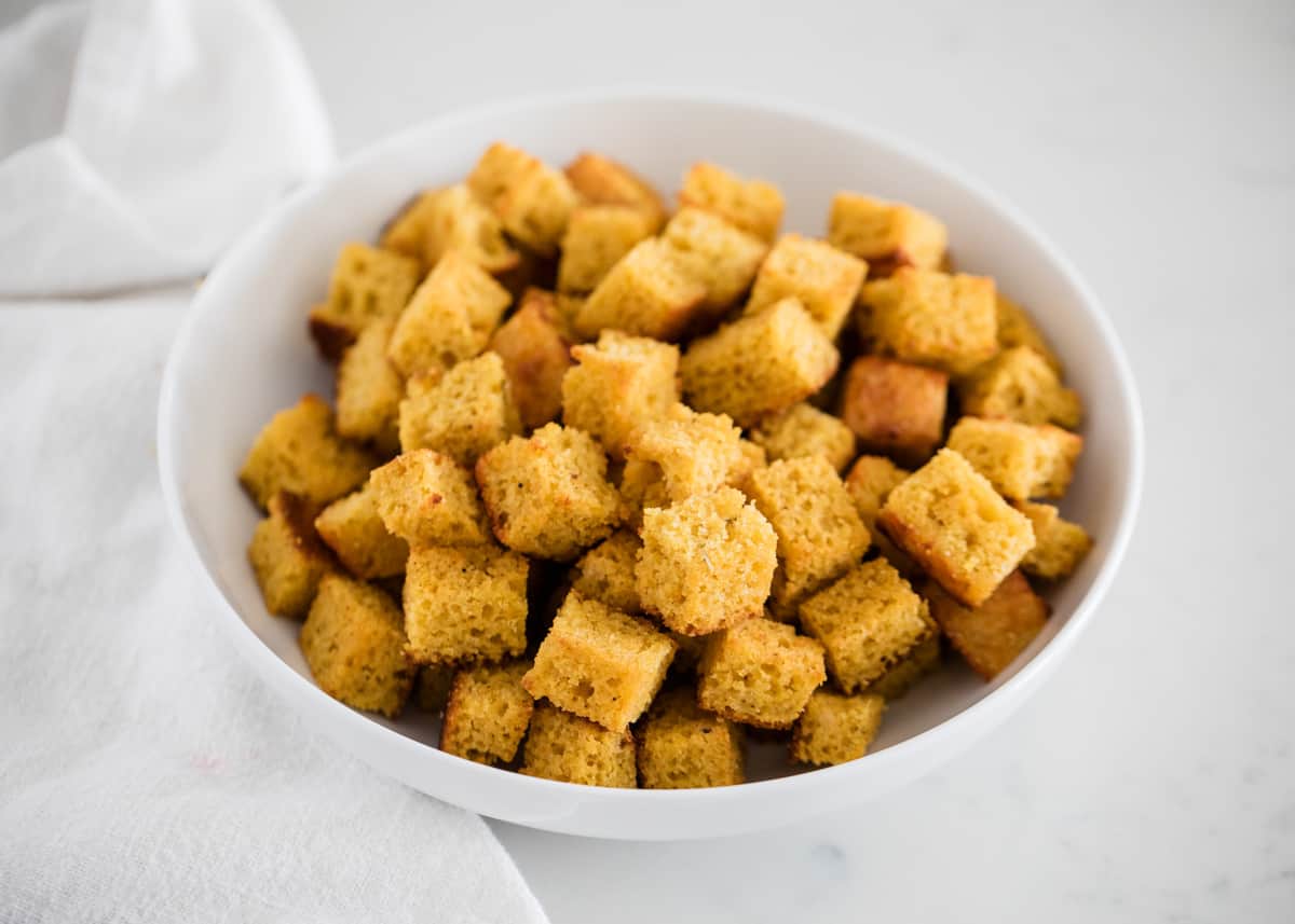 Bowl of cornbread croutons.