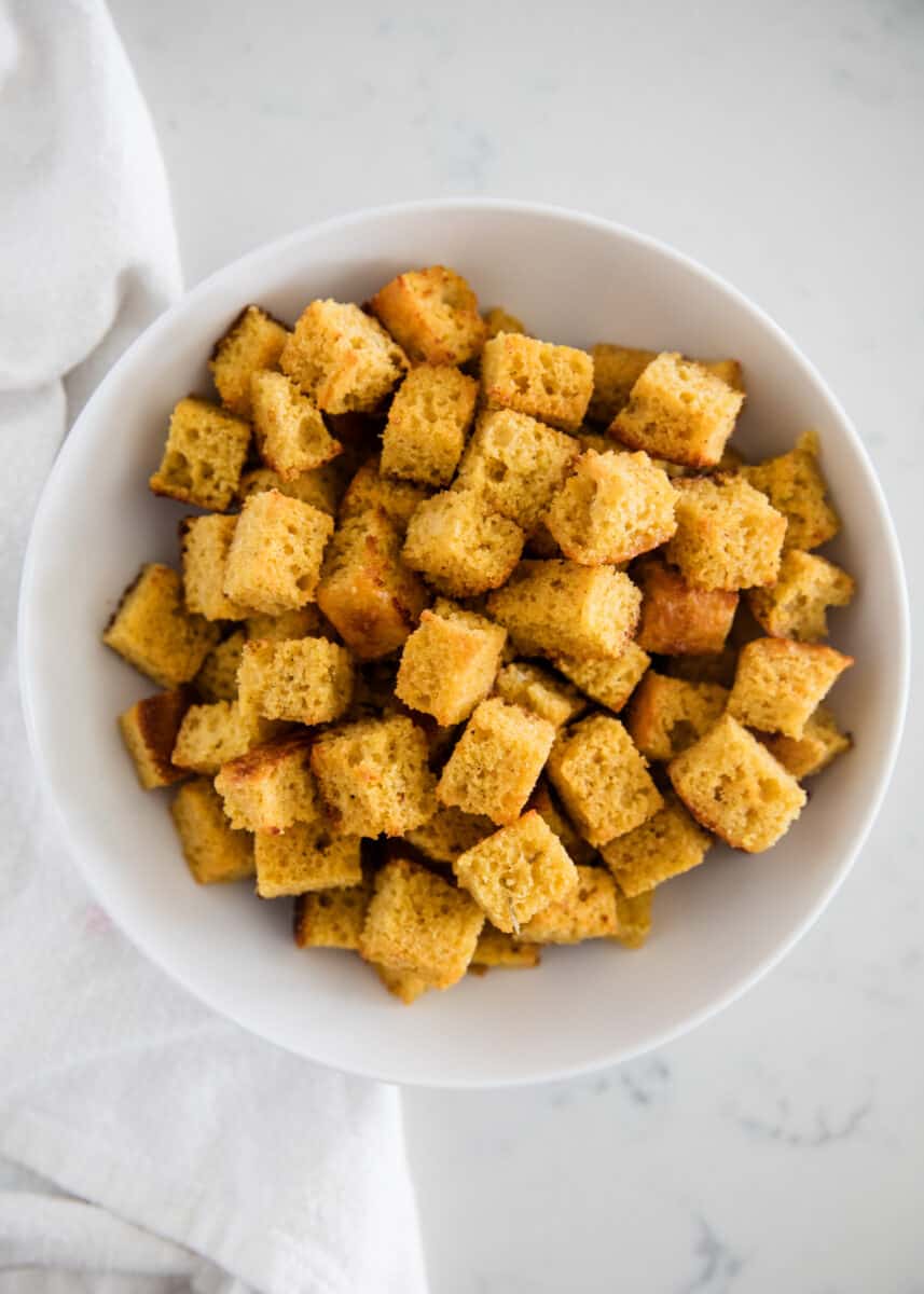 cornbread croutons in bowl