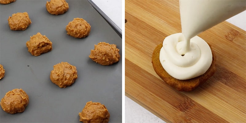 Piping frosting onto pumpkin cookies.