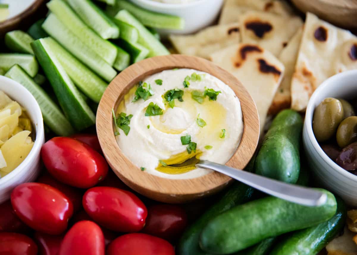 Hummus on vegetable platter.