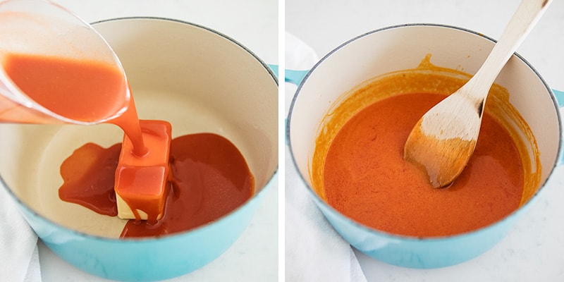 Stirring buffalo sauce.