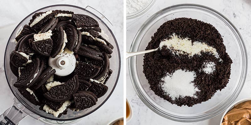 Making a Oreo pie crust.