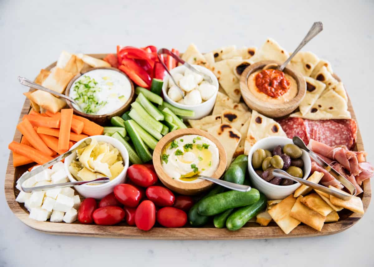 Mediterranean platter on counter.