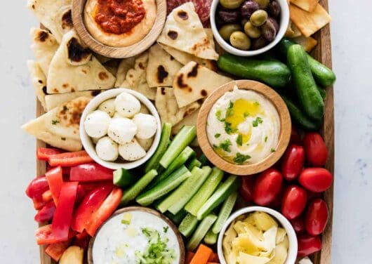 mezze platter on marble counter